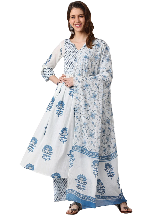 Women White Printed Pure Cotton Kurta, Pant And Dupatta Set