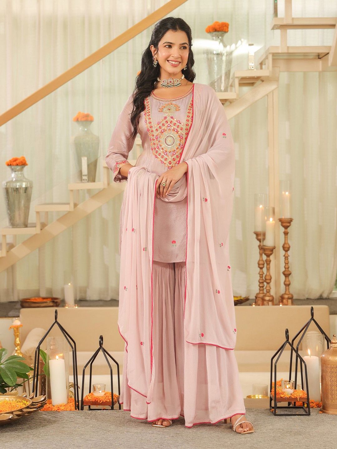 Dhiyona SC Women Geometric Embroidered Shimmer Tissue Sharara Kurta & Sharara With Dupatta