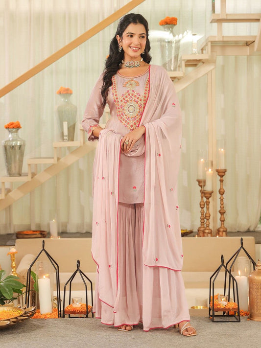 Dhiyona SC Women Geometric Embroidered Shimmer Tissue Sharara Kurta & Sharara With Dupatta