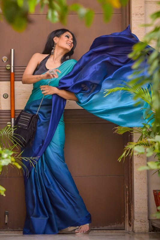 Dhiyona ST Green & Blue Satin Ombre' Saree