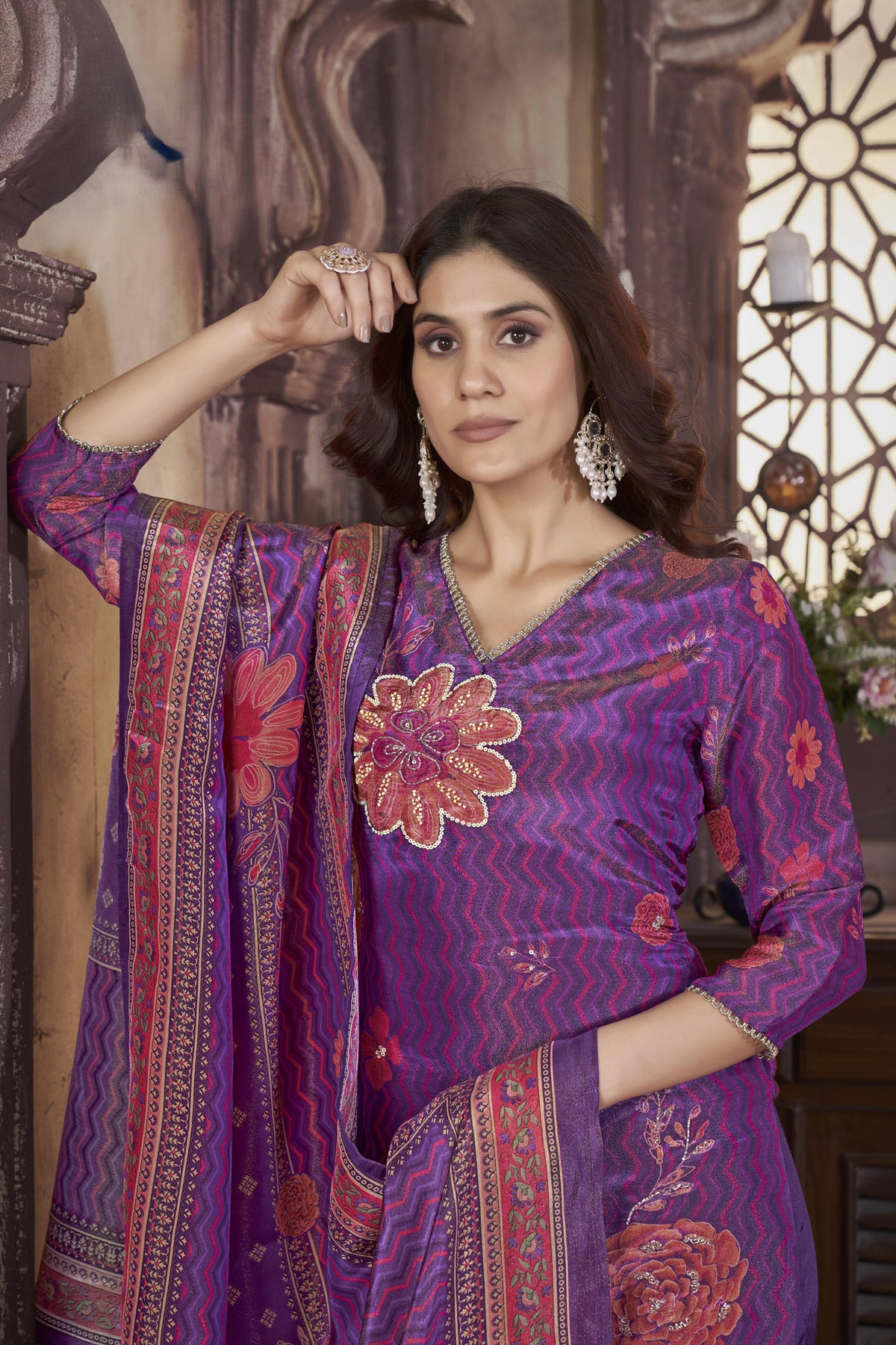 Malti Orchid Printed Shimmer Suit Set