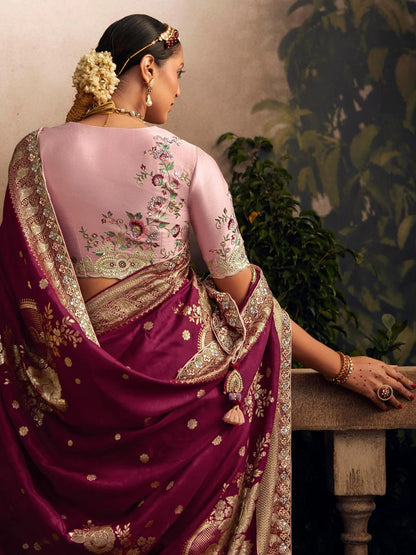Dhiyona KM Women Embroidered Pure Viscose Dola Silk Purple Traditional Bridal Saree