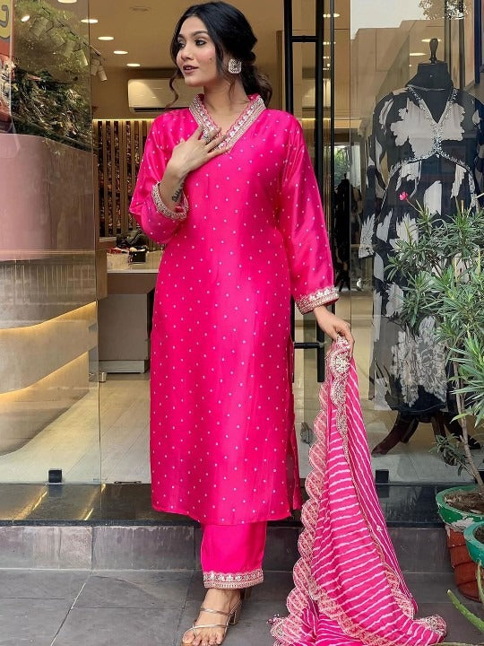 Dhiyona MT Women's Pink Bandhani embroidered V Neck Three-Quarter Sleeves Kurta Set