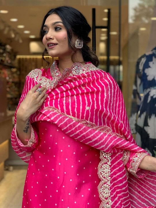 Dhiyona MT Women's Pink Bandhani embroidered V Neck Three-Quarter Sleeves Kurta Set