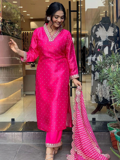 Dhiyona MT Women's Pink Bandhani embroidered V Neck Three-Quarter Sleeves Kurta Set