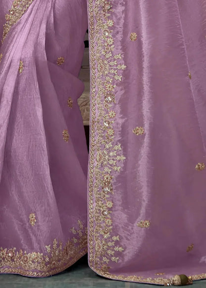 Dhiyona KM Women Lavender & Olive Green Tissue Silk Saree