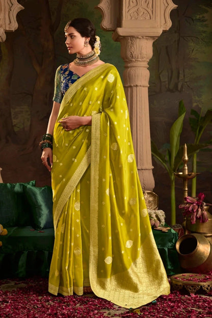 Dhiyona KM Women Yellow Banarasi Dola Silk Saree With Contrasting Blue Blouse