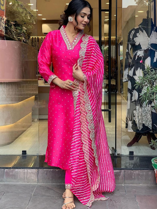 Dhiyona MT Women's Pink Bandhani embroidered V Neck Three-Quarter Sleeves Kurta Set