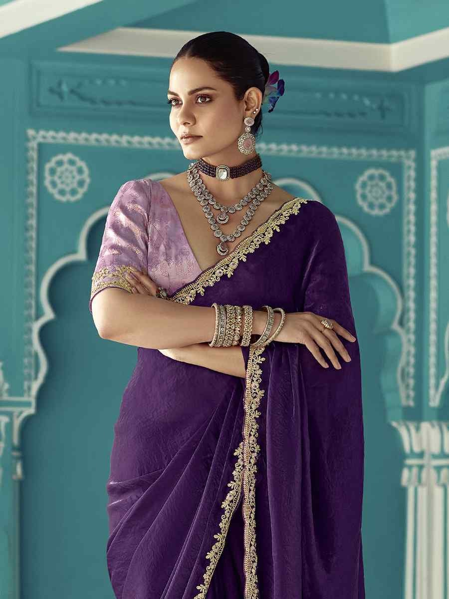 Dhiyona KM Women Purple Pure Fancy Silk Saree With Golden Embroidery Work
