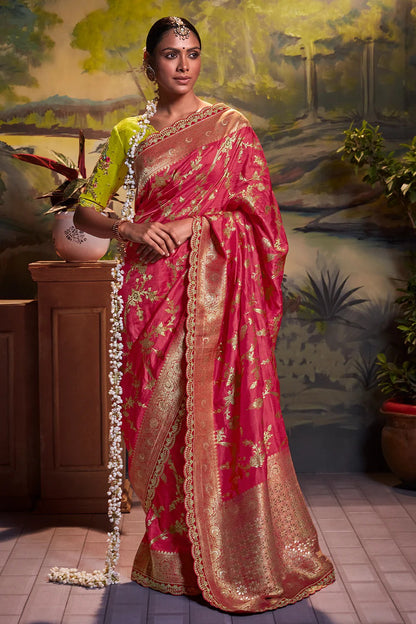 Dhiyona KM Women Regal Red Pure Silk Saree With Intricate Golden Zari Work & Contrasting Green Blouse
