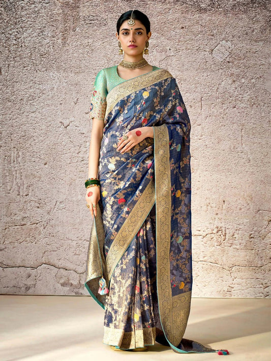 Dhiyona KM Women Majestic Navy Blue Zari Woven Banarasi Silk Saree