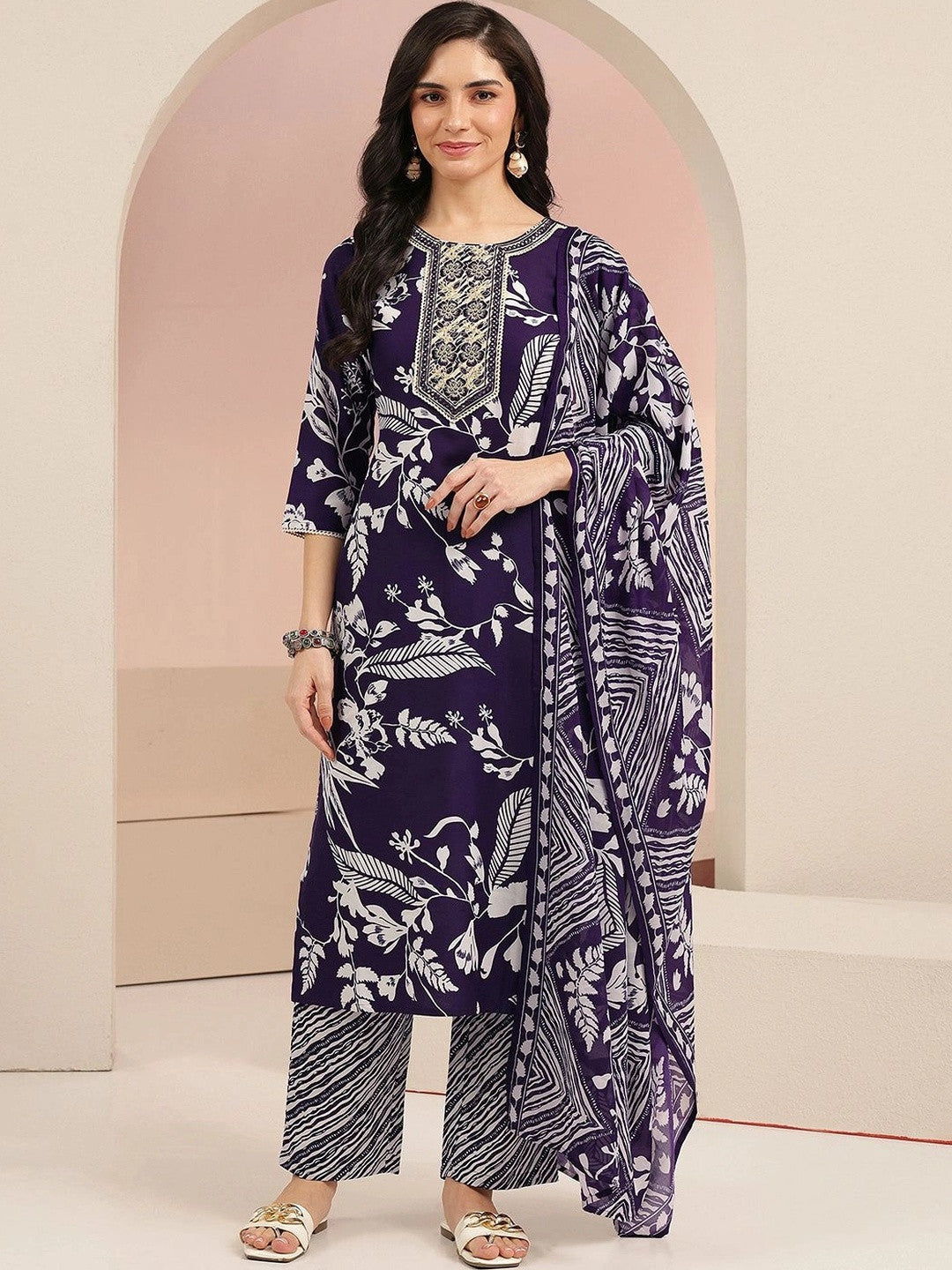 Plum Purple Floral Printed Cotton Blend Straight Suit Set