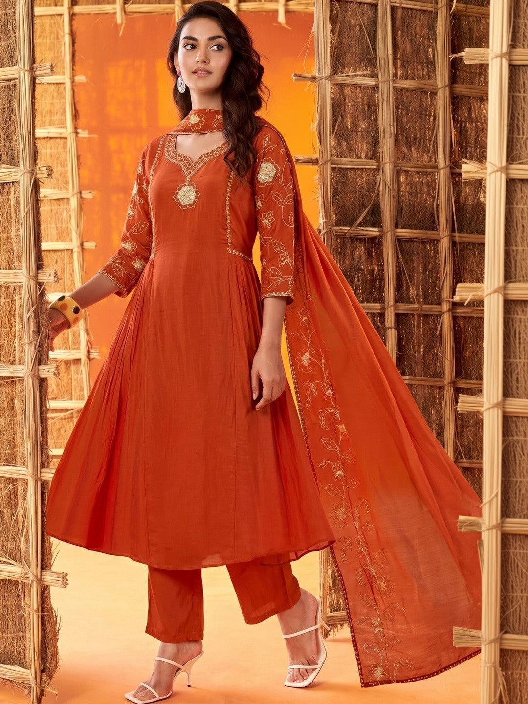Women Floral Embroidered Pleated Kurta with Trousers & Dupatta