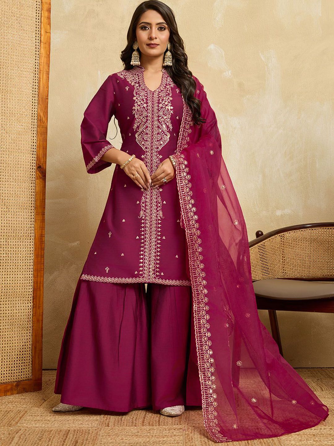 Dhiyona HOP Floral Embroidered Mandarin Collar Sequinned Kurta With Sharara & Dupatta