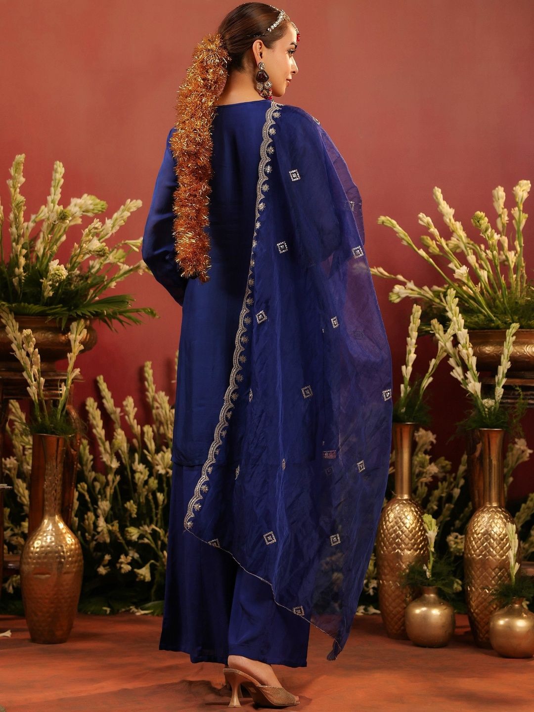 Dhiyona SC Women Midnight Blue Organza Silk Embroidered Sharara Set
