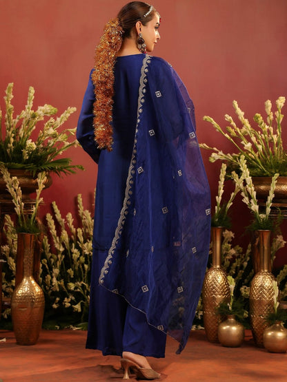 Dhiyona SC Women Midnight Blue Organza Silk Embroidered Sharara Set