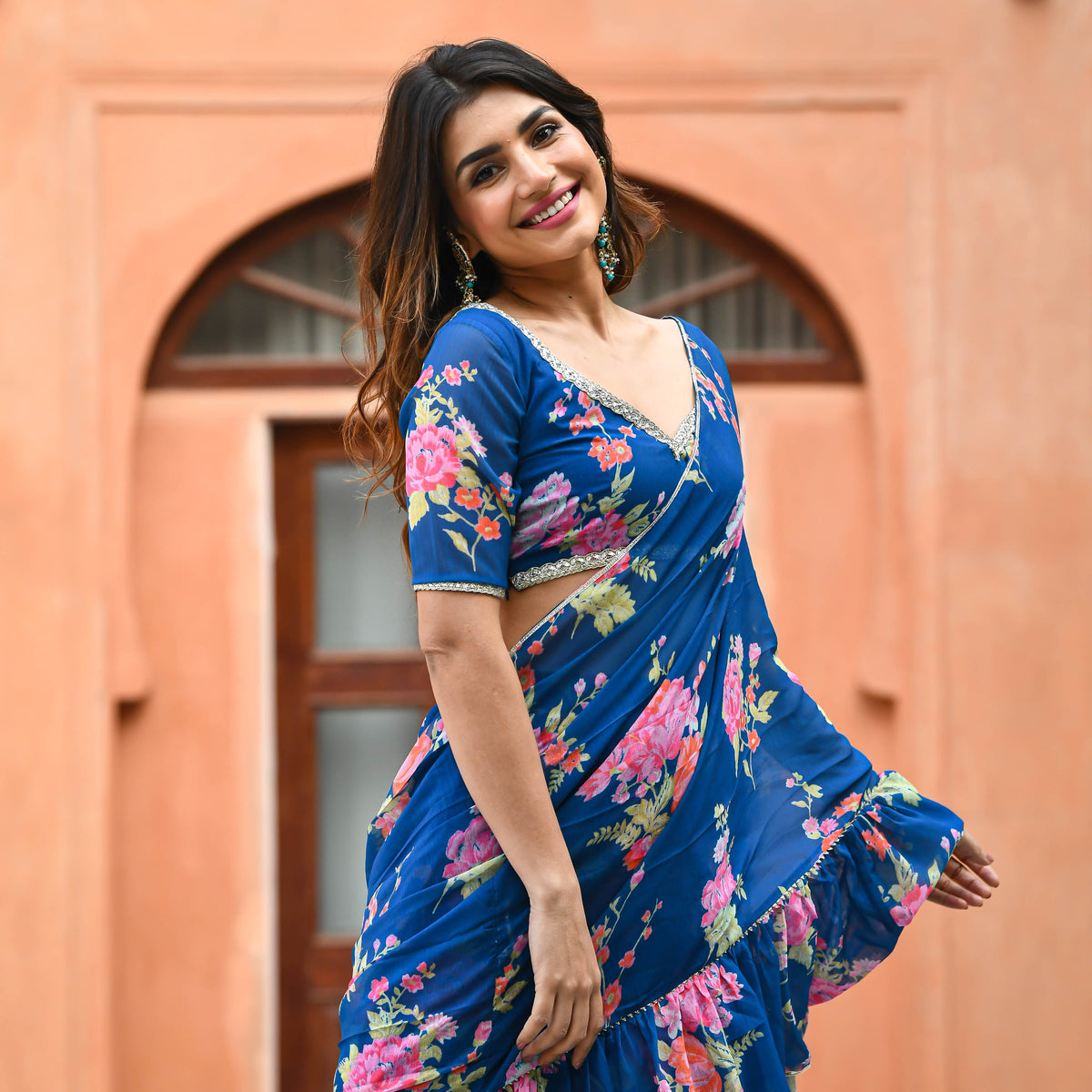 Blue Floral Fusion Saree