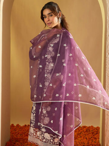 Women's Purple Embroidered Straight Kurta Trousers With Dupatta Set