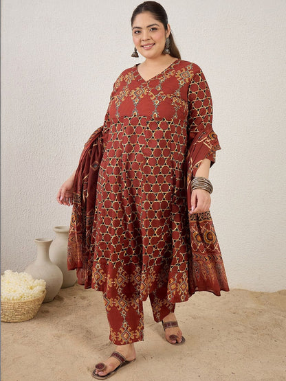 Plus Size Maroon Printed A-Line Kurta Trousers With Dupatta Set