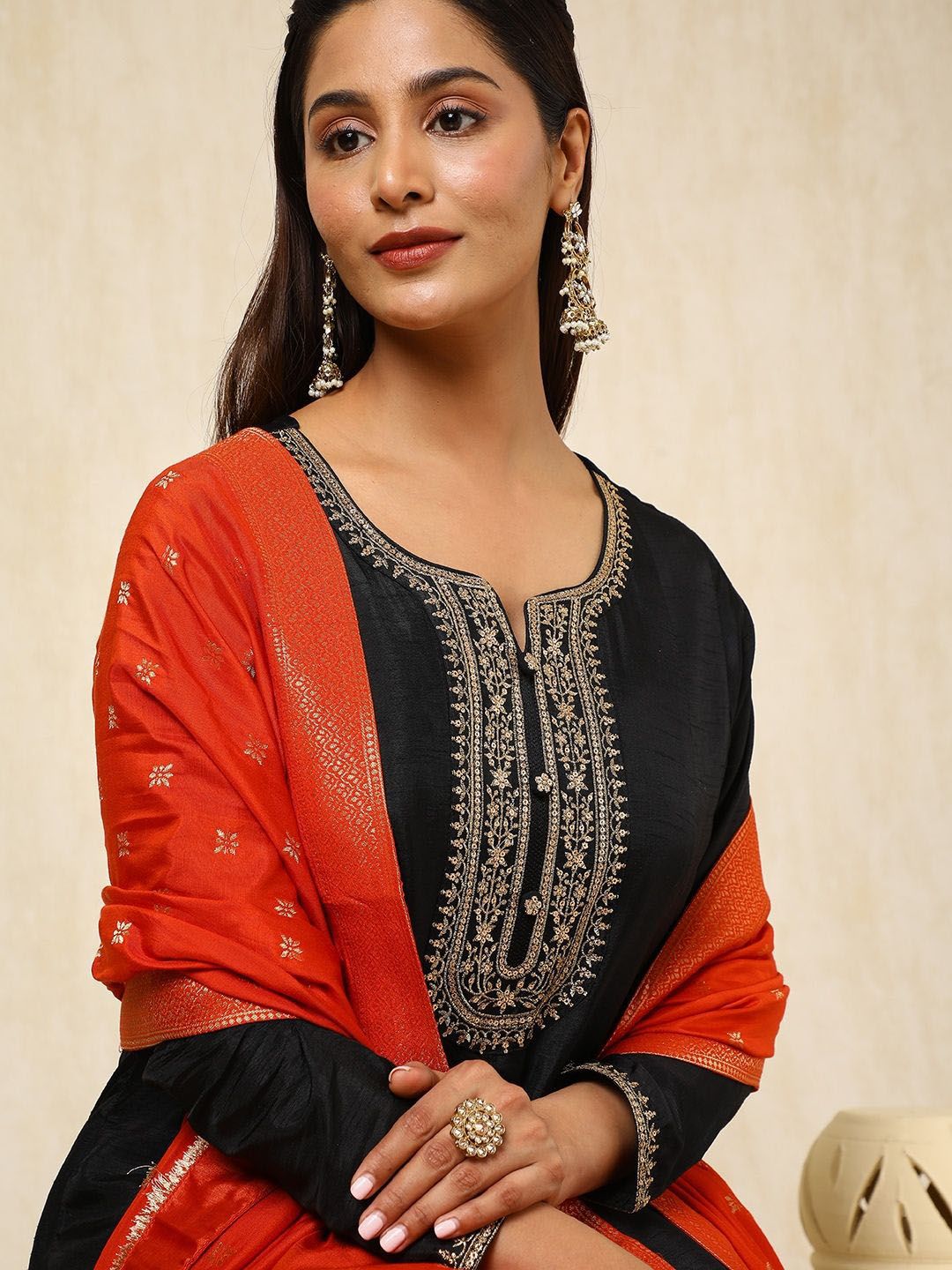 Dhiyona SO Women's Women Ethnic Motifs Embroidered Panelled Sequinned Dupion Silk Kurta with Trousers & With Dupatta
