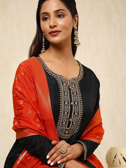 Dhiyona SO Women's Women Ethnic Motifs Embroidered Panelled Sequinned Dupion Silk Kurta with Trousers & With Dupatta