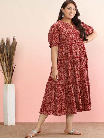 Dhiyona AY Women's Ethnic Motif Cotton Puff Sleeve Empire Plus Size Midi Dress