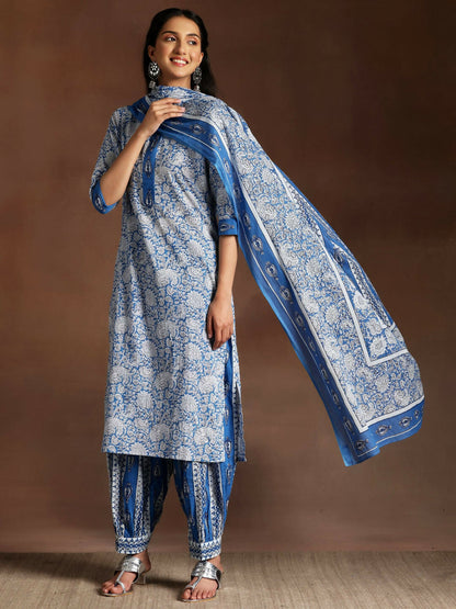 Women's LB Blue Printed Cotton Straight Suit With Dupatta