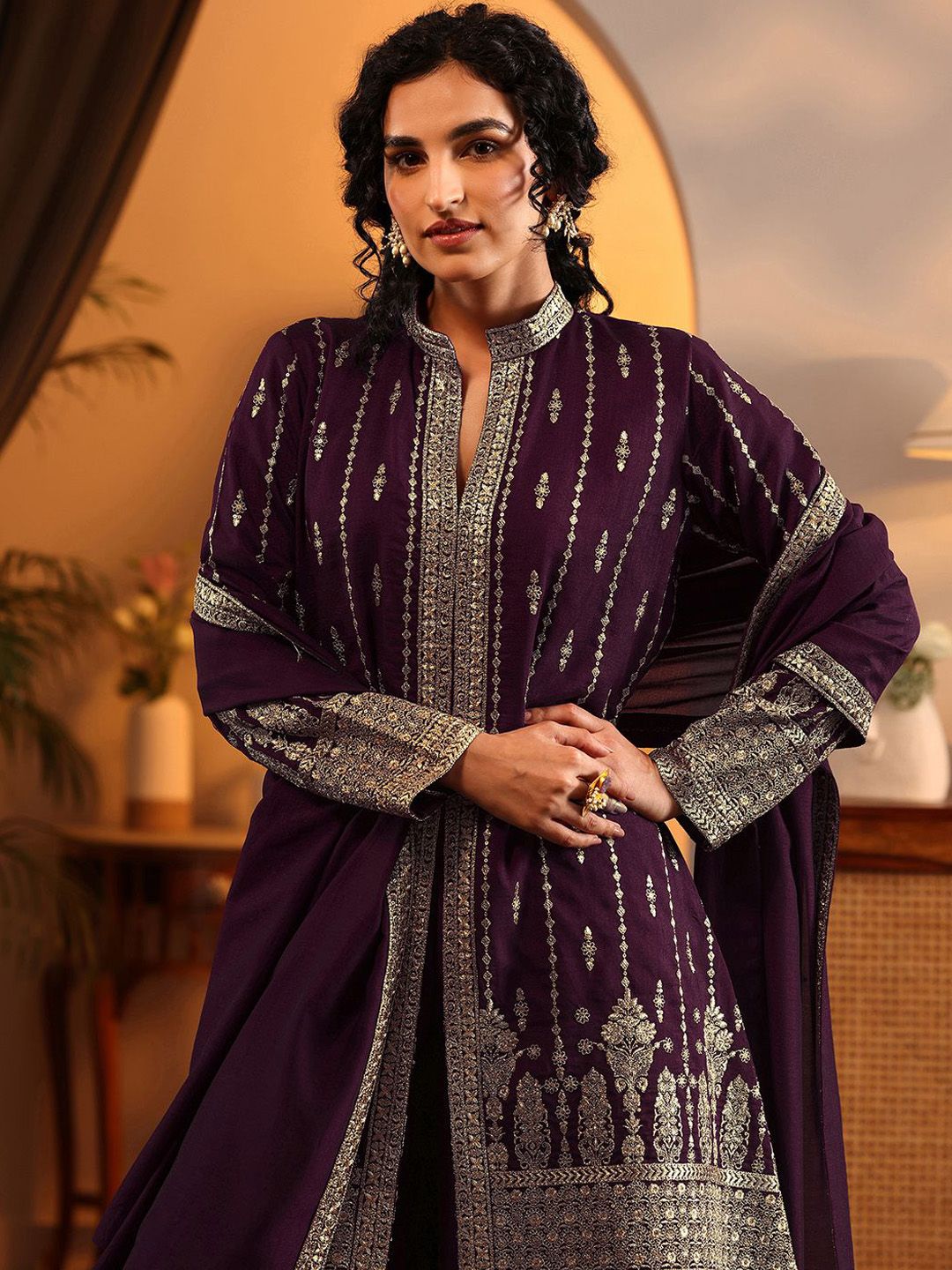 Dhiyona LL Women Ethnic Motifs Embroidered Zari Regular Kurta with Palazzos & With Dupatta