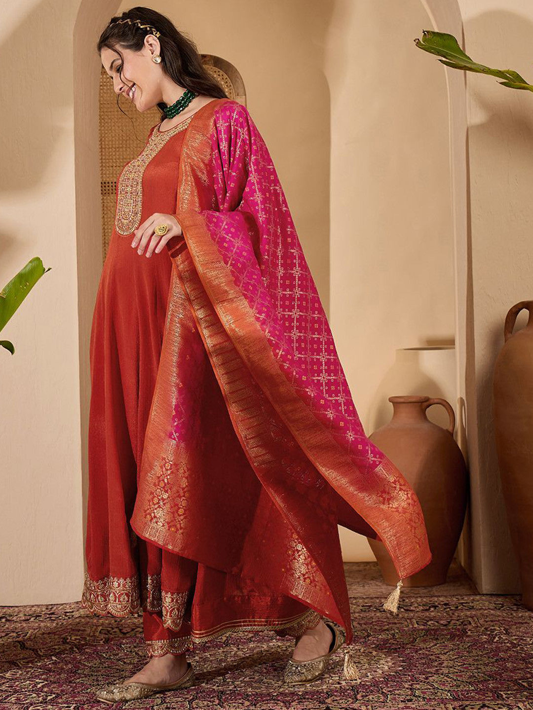 Floral Yoke Design Panelled Zari Anarkali Kurta With Trouser And Dupatta