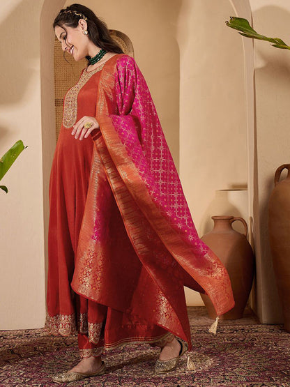 Floral Yoke Design Panelled Zari Anarkali Kurta With Trouser And Dupatta