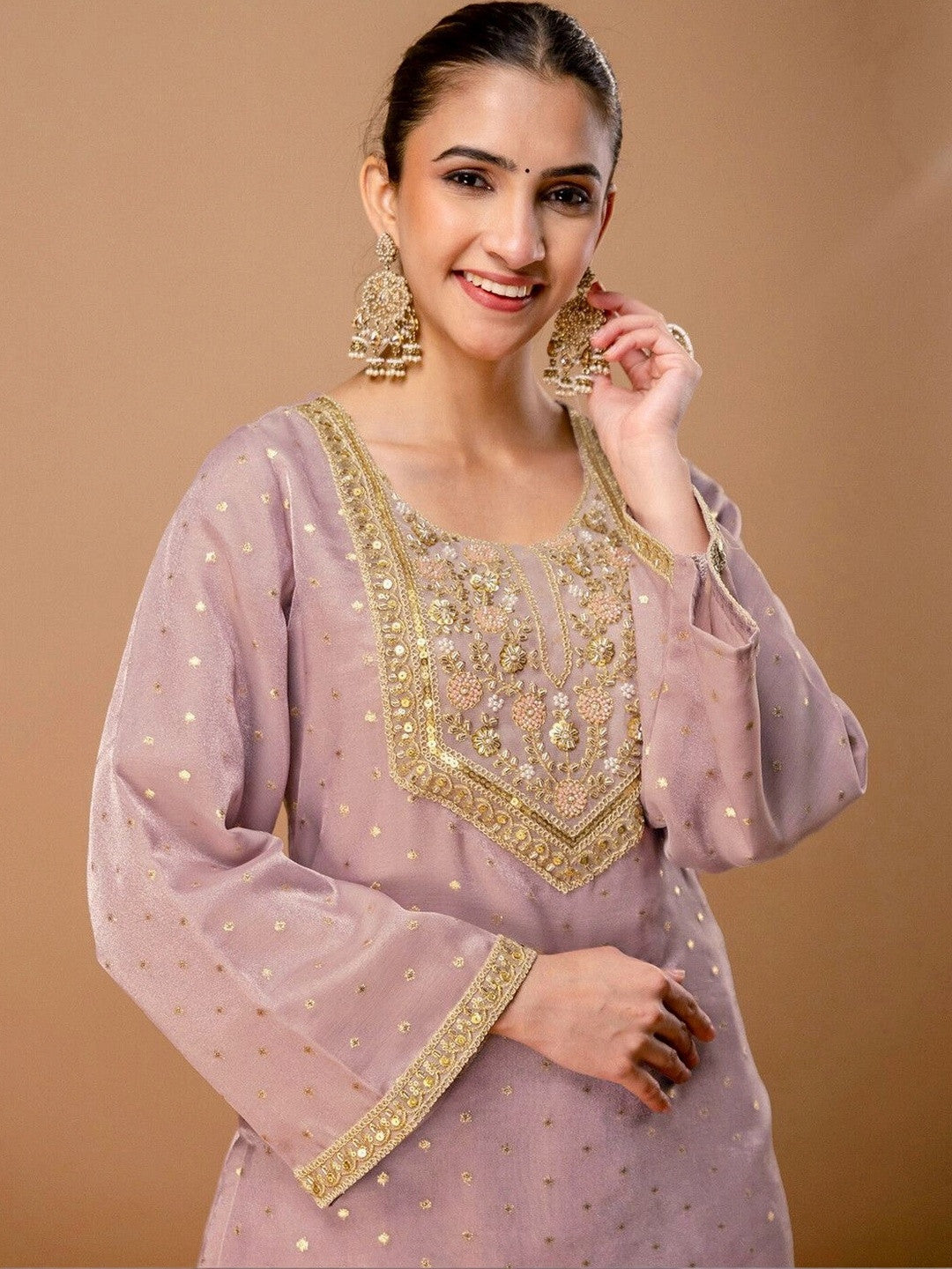 Embroidered Dusty Lavender Silk Blend Kurta Set
