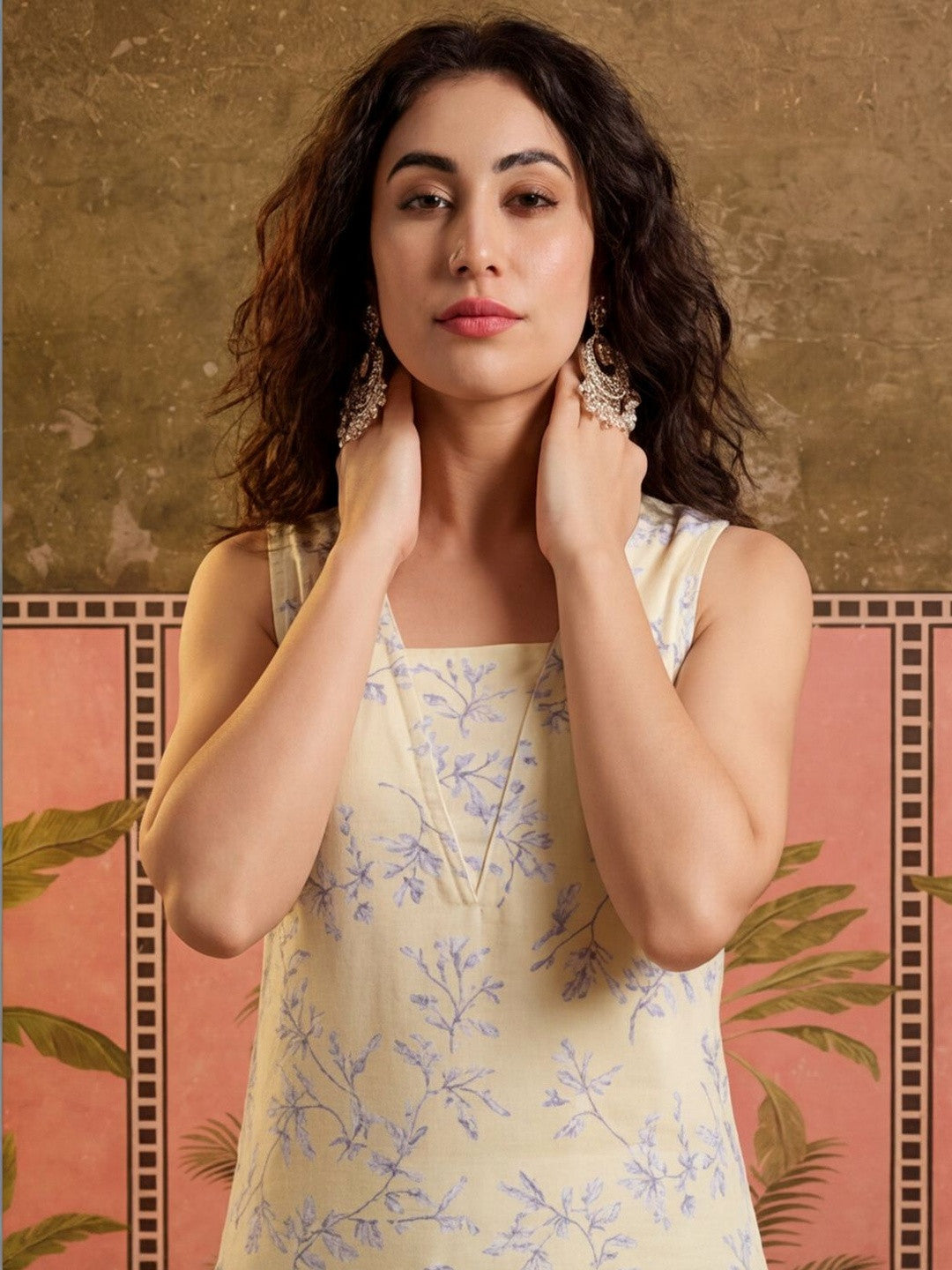 Printed Pure Cotton V-Neck Kurta & Trousers