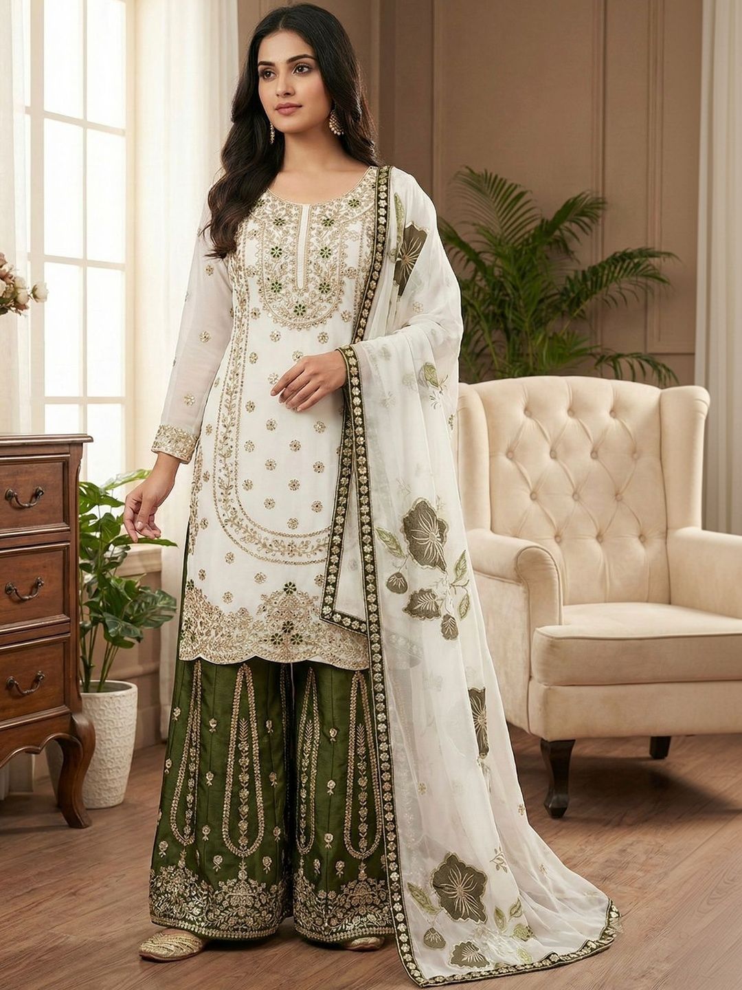 Dhiyona KL Women Ethnic Motifs Embroidered Regular Thread Work Kurta with Sharara & With Dupatta