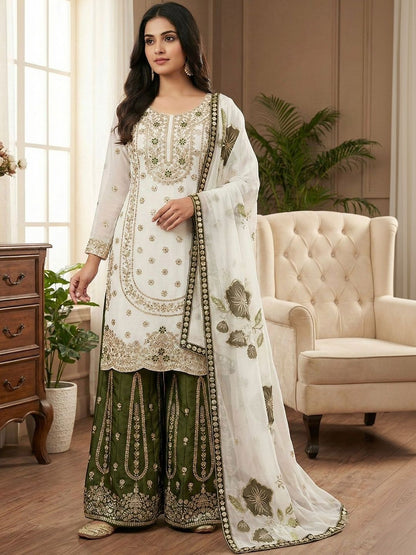 Dhiyona KL Women Ethnic Motifs Embroidered Regular Thread Work Kurta with Sharara & With Dupatta