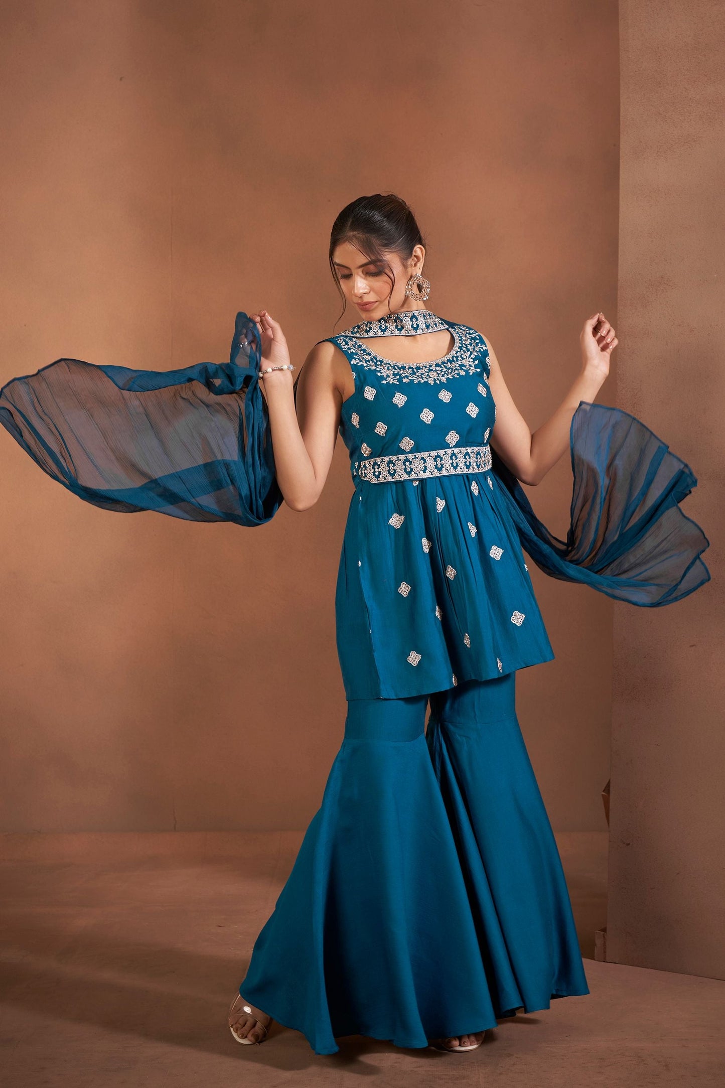 Dhiyona AN Floral Embroidered Thread Work Raw Silk Kurta With Sharara And Dupatta