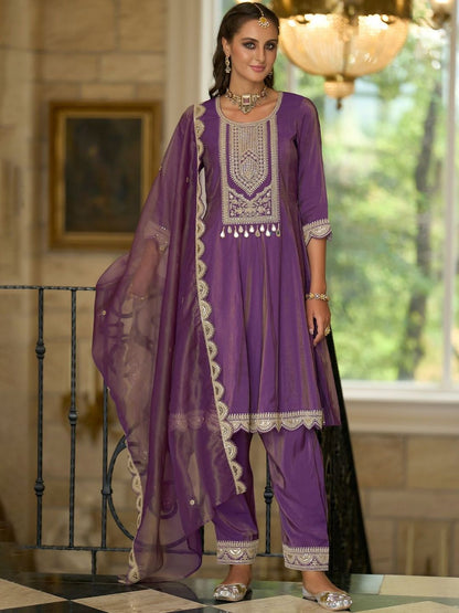 Ethnic Motifs Embroidered A-Line Sequinned Kurta With Trousers & Dupatta