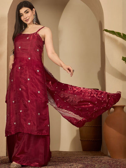 Dhiyona SN Ethnic Motifs Embroidered Round Neck Thread Work Kurta With Palazzos & Dupatta
