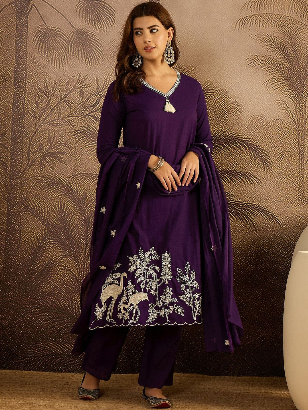 Thread Work Embroidered Kurta with Trousers & Dupatta