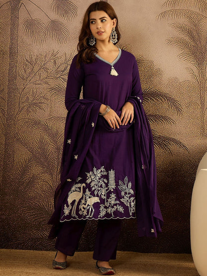 Thread Work Embroidered Kurta with Trousers & Dupatta