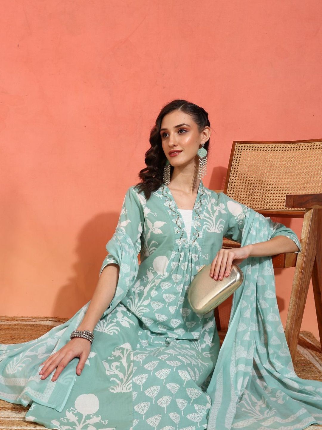 Dhiyona KL Motifs Printed Thread Work Pure Cotton Anarkali Kurta With Trousers & Dupatta
