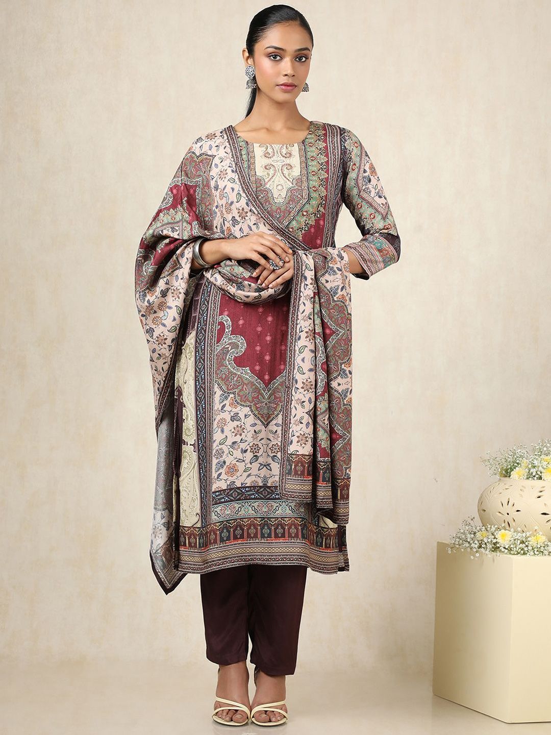 Dhiyona SO Women's Ethnic Motifs Printed Beads and Stones Pure Cotton Kurta With Trousers & Dupatta