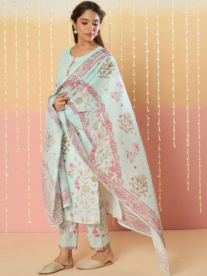 Women Floral Printed Regular Thread Work Kurta with Trousers & With Dupatta