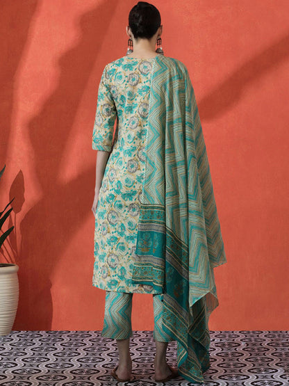 Floral Embroidered Pure Cotton Straight Kurta & Trousers With Dupatta