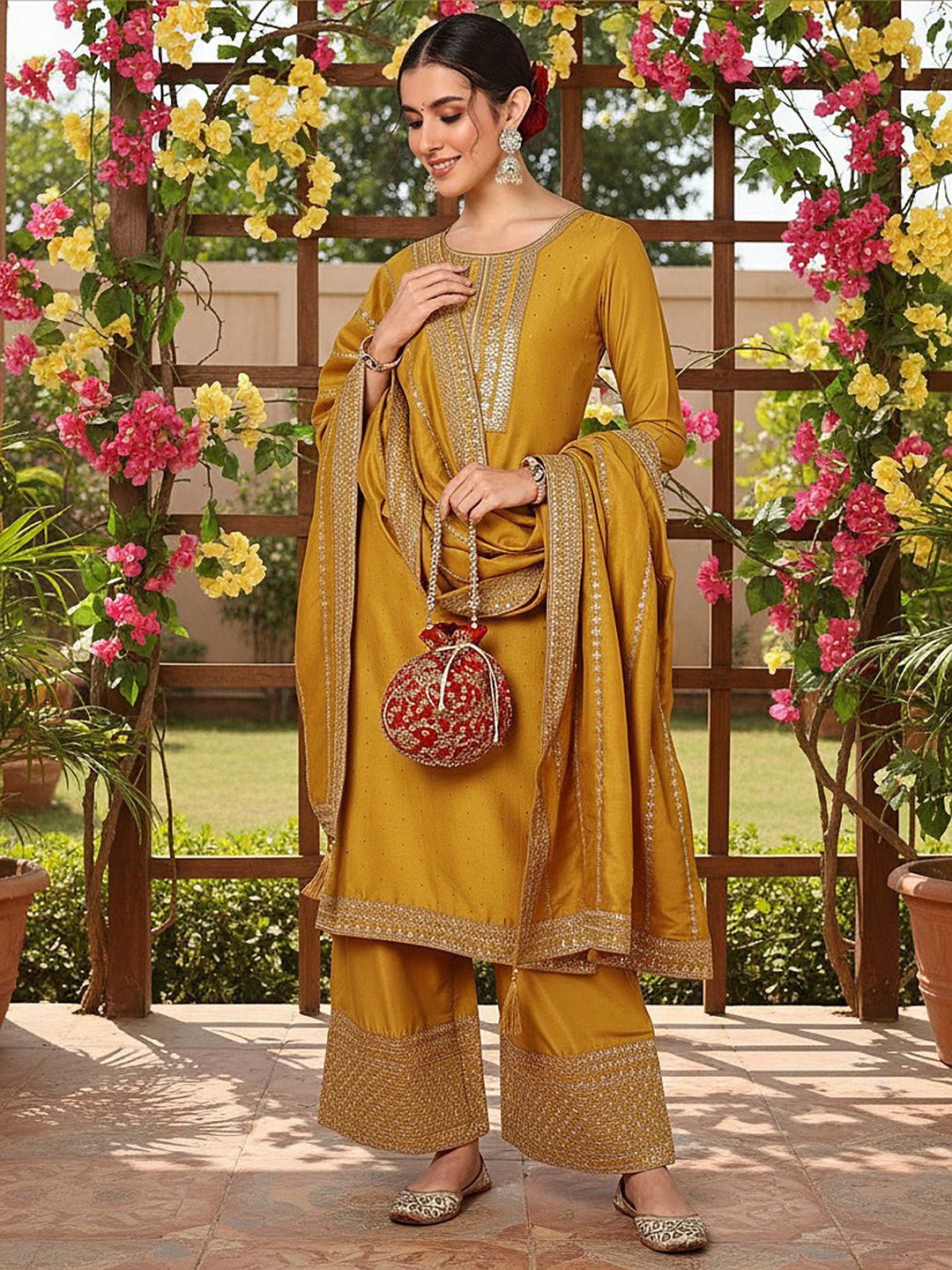 Dhiyona KL Floral Embroidered Sequinned Kurta With Palazzos & Dupatta
