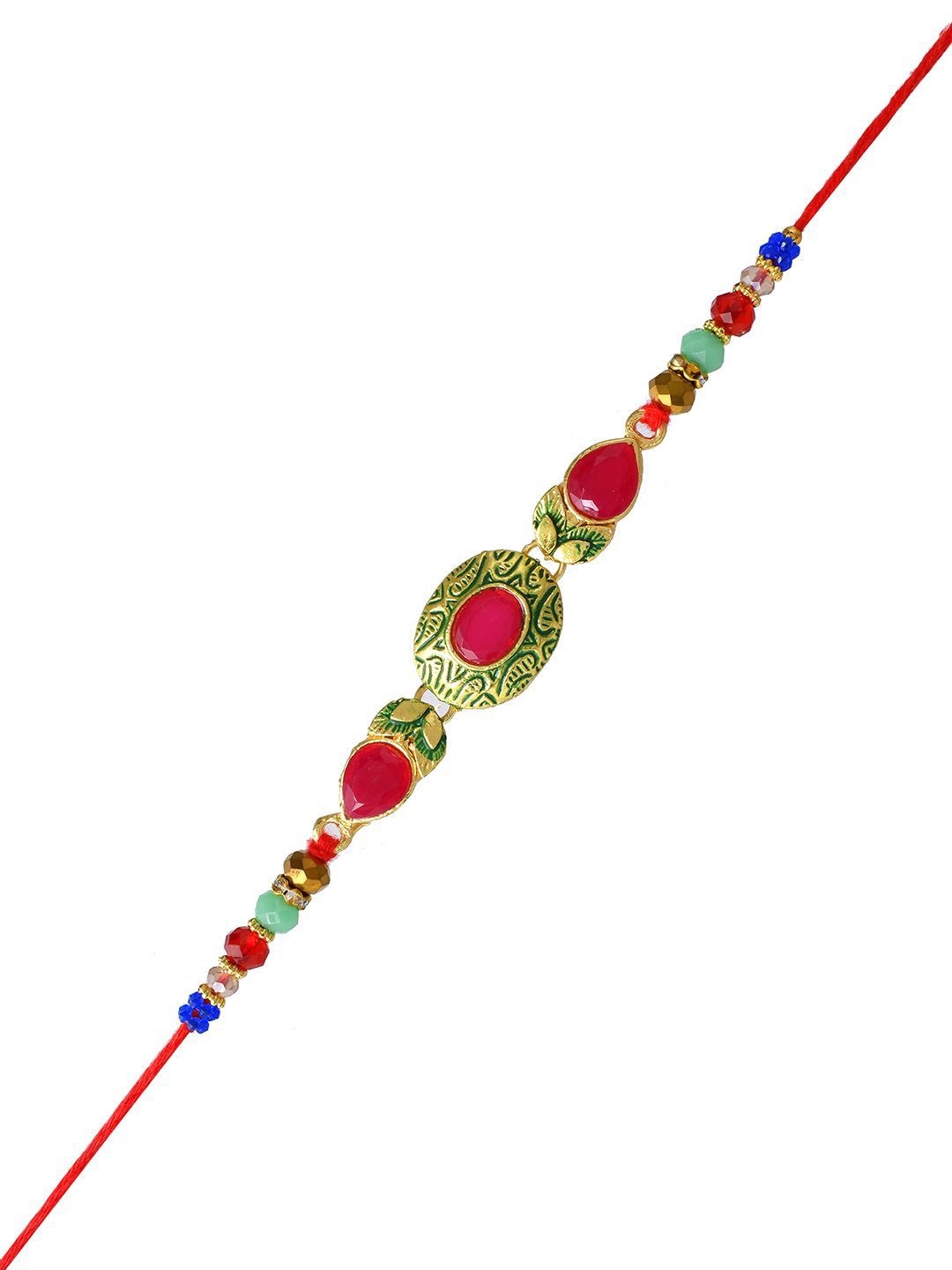 Dhiyona Gold-Toned Kundan-Studded & Beaded Rakhi With Roli Chawal & Greeting Card