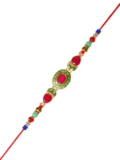 Dhiyona Gold-Toned Kundan-Studded & Beaded Rakhi With Roli Chawal & Greeting Card
