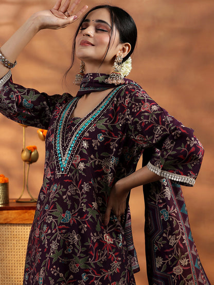 Women Floral Printed Regular Thread Work Kurta with Harem Pants & With Dupatta