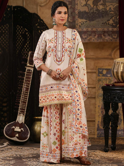 Dhiyona SC Women Ivory Printed Patola Mirror Work Chanderi Silk Kurta & Sharara With Dupatta