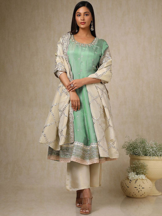 Dhiyona SO Women's Women Floral Embroidered Panelled Sequinned Kurta with Palazzos & With Dupatta