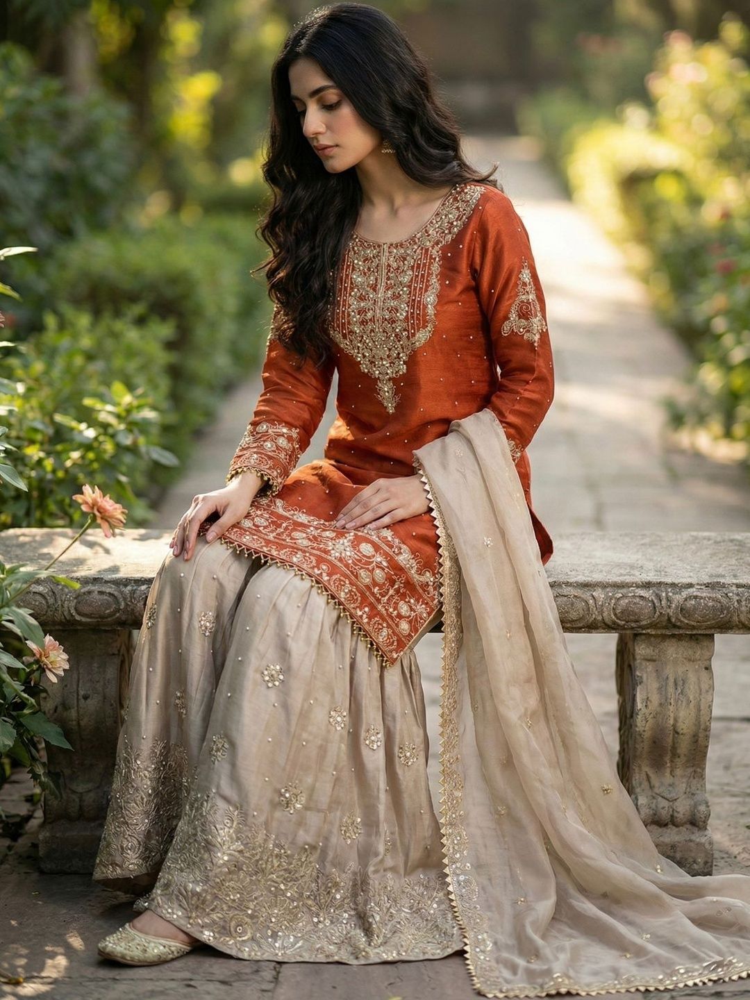Dhiyona KL Women Ethnic Motifs Embroidered Regular Thread Work Kurta with Sharara & With Dupatta